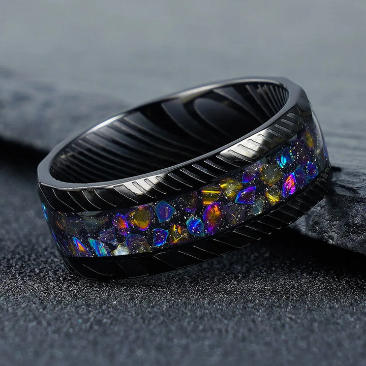 Purple Nebula Tungsten Damascus Ring