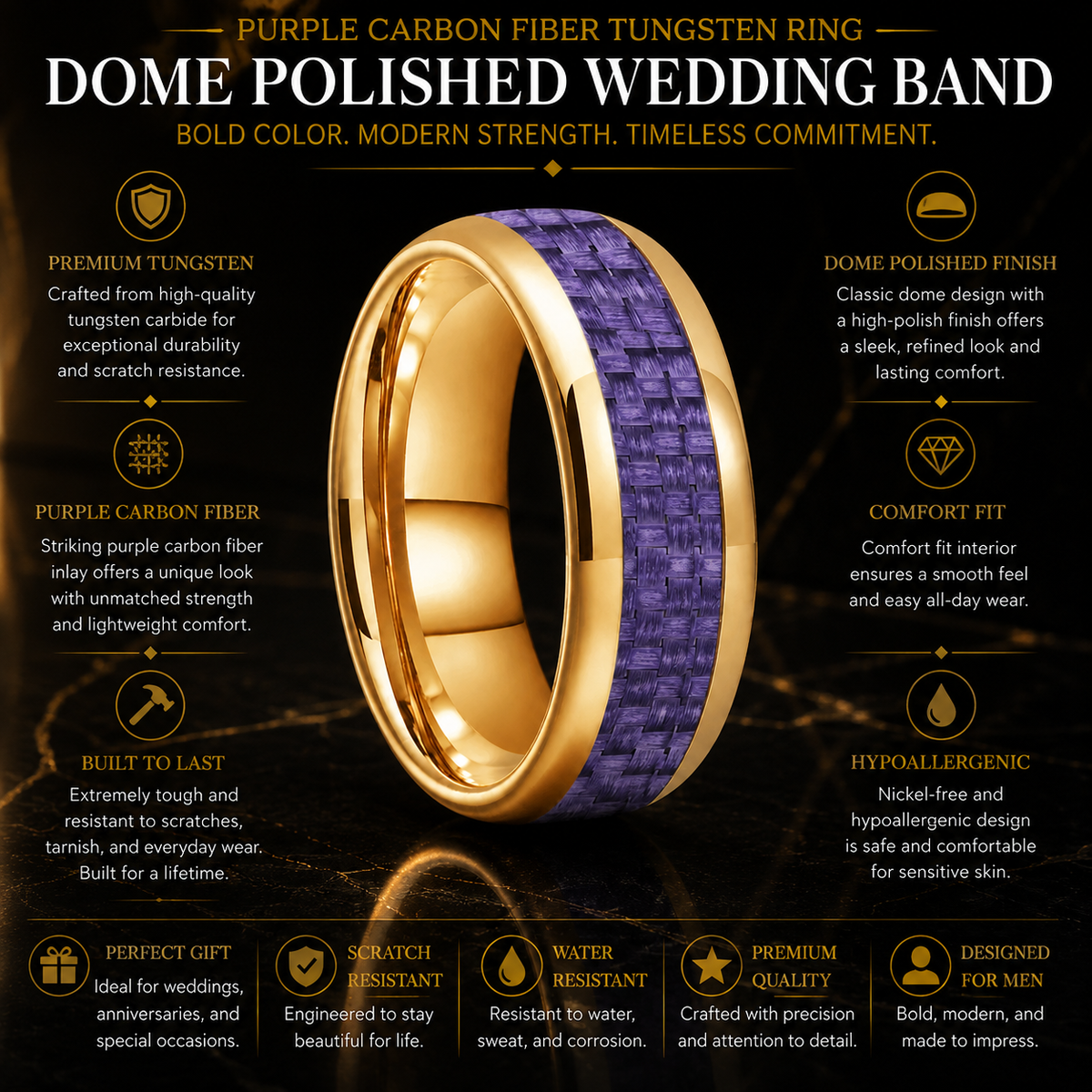 Purple Carbon Fiber Tungsten Ring with Dome Polished Finish