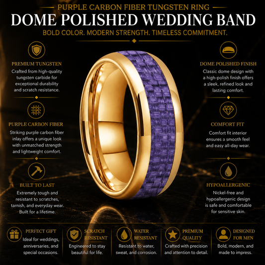Purple Carbon Fiber Tungsten Ring with Dome Polished Finish