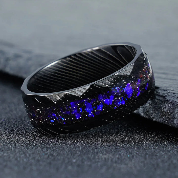 Purple Nebula Tungsten Damascus Ring