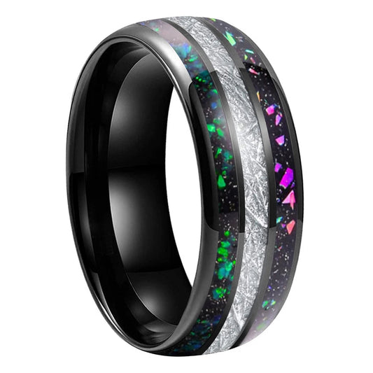 Rainbow Opal Meteorite Inlay Tungsten Ring