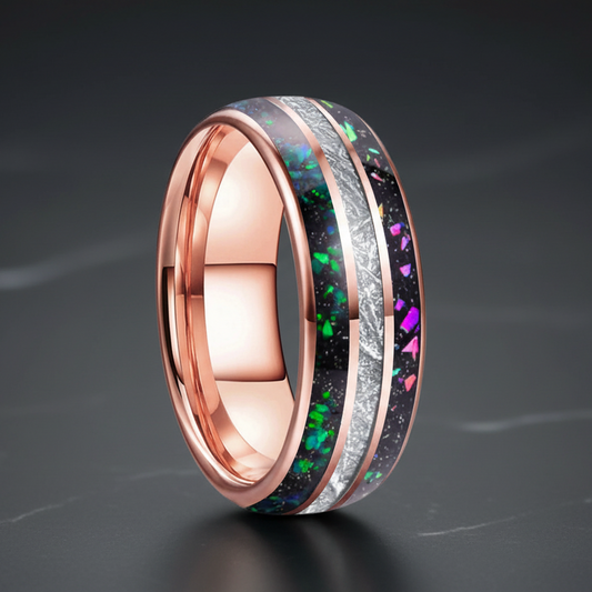 Rainbow Opal Meteorite Inlay Tungsten Ring - RealTungsten