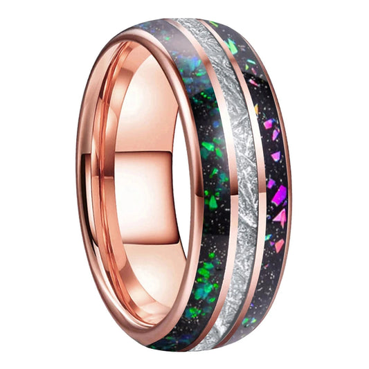 Rainbow Opal Meteorite Inlay Tungsten Ring