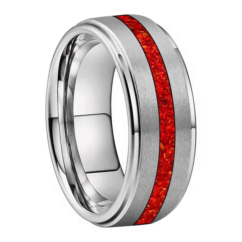 Red Opal Inlay Tungsten Wedding Ring - Brushed Finish (6/8mm)