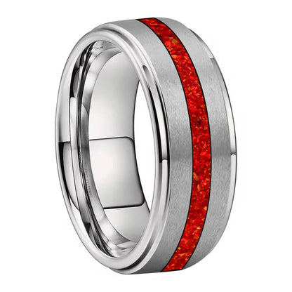 Red Opal Inlay Tungsten Wedding Ring - Brushed Finish (6/8mm)