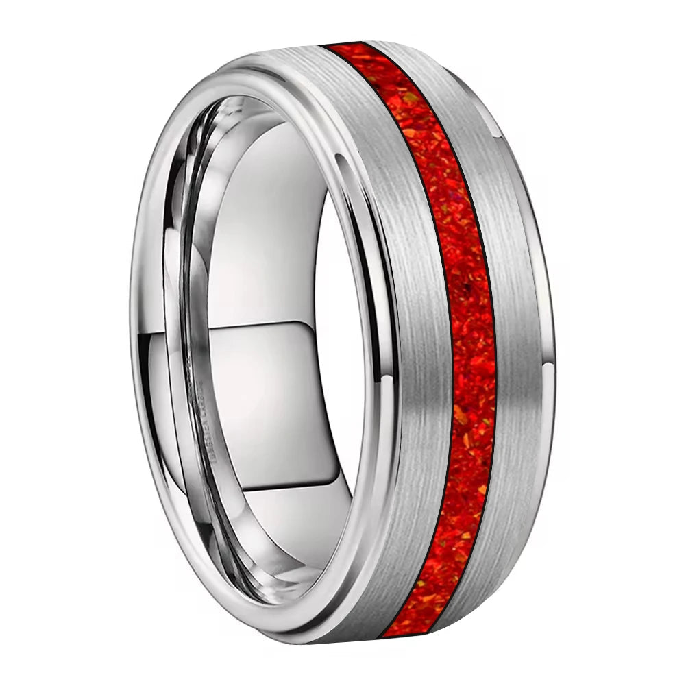 Red Opal Inlay Tungsten Wedding Ring - Brushed Finish (6/8mm)
