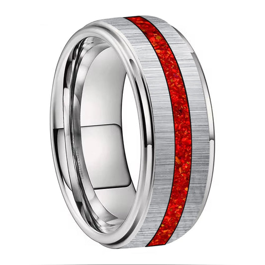 Red Opal Inlay Tungsten Wedding Ring - Brushed Finish (6/8mm)