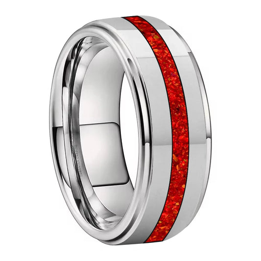 Red Opal Inlay Tungsten Wedding Ring - Brushed Finish (6/8mm)