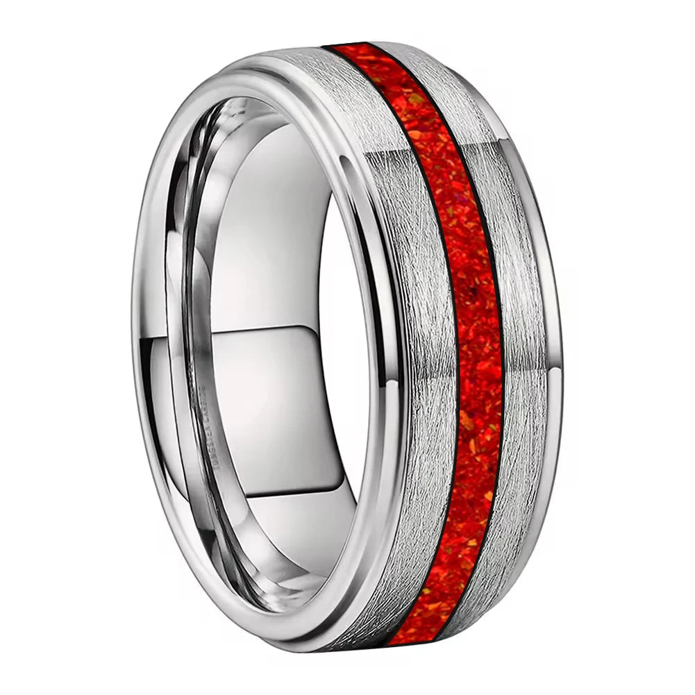 Red Opal Inlay Tungsten Wedding Ring - Brushed Finish (6/8mm)