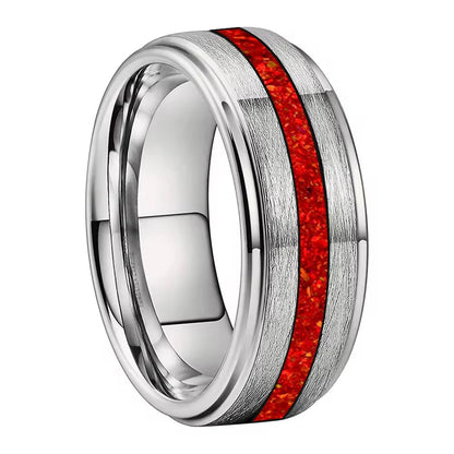 Red Opal Inlay Tungsten Wedding Ring - Brushed Finish (6/8mm)