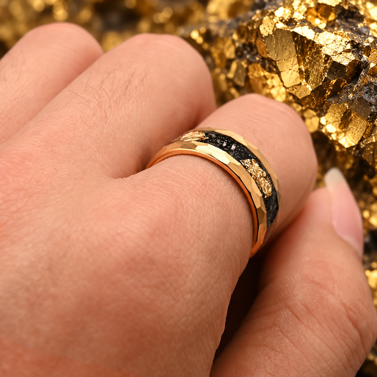 Hammered Tungsten Ring with Gold Foil & Meteorite Inlay