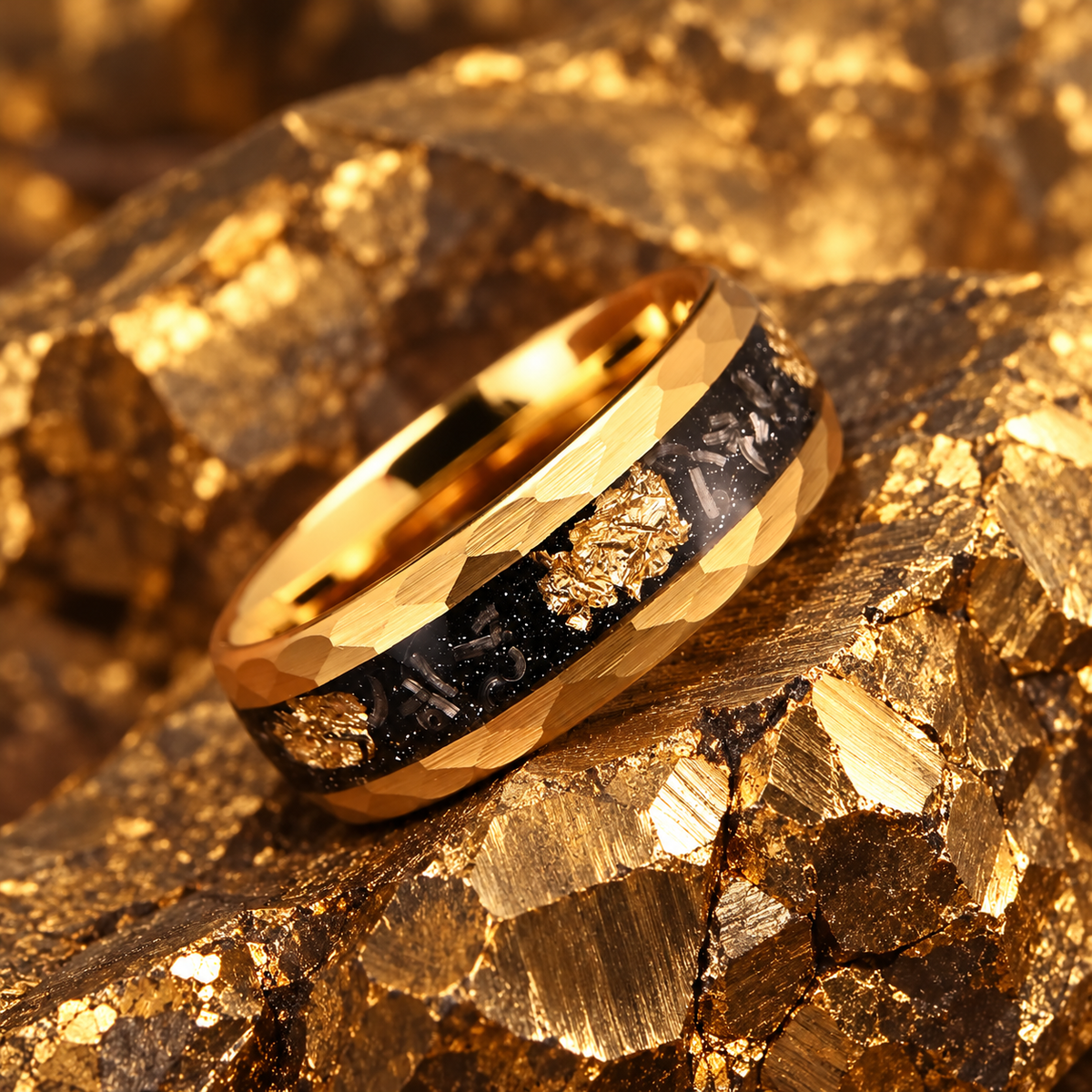 Hammered Tungsten Ring with Gold Foil & Meteorite Inlay