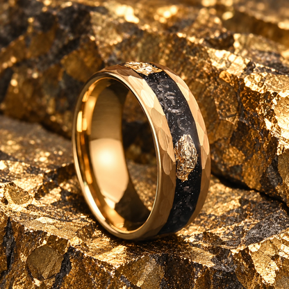 Hammered Tungsten Ring with Gold Foil & Meteorite Inlay