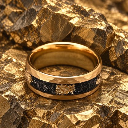 Hammered Tungsten Ring with Gold Foil & Meteorite Inlay