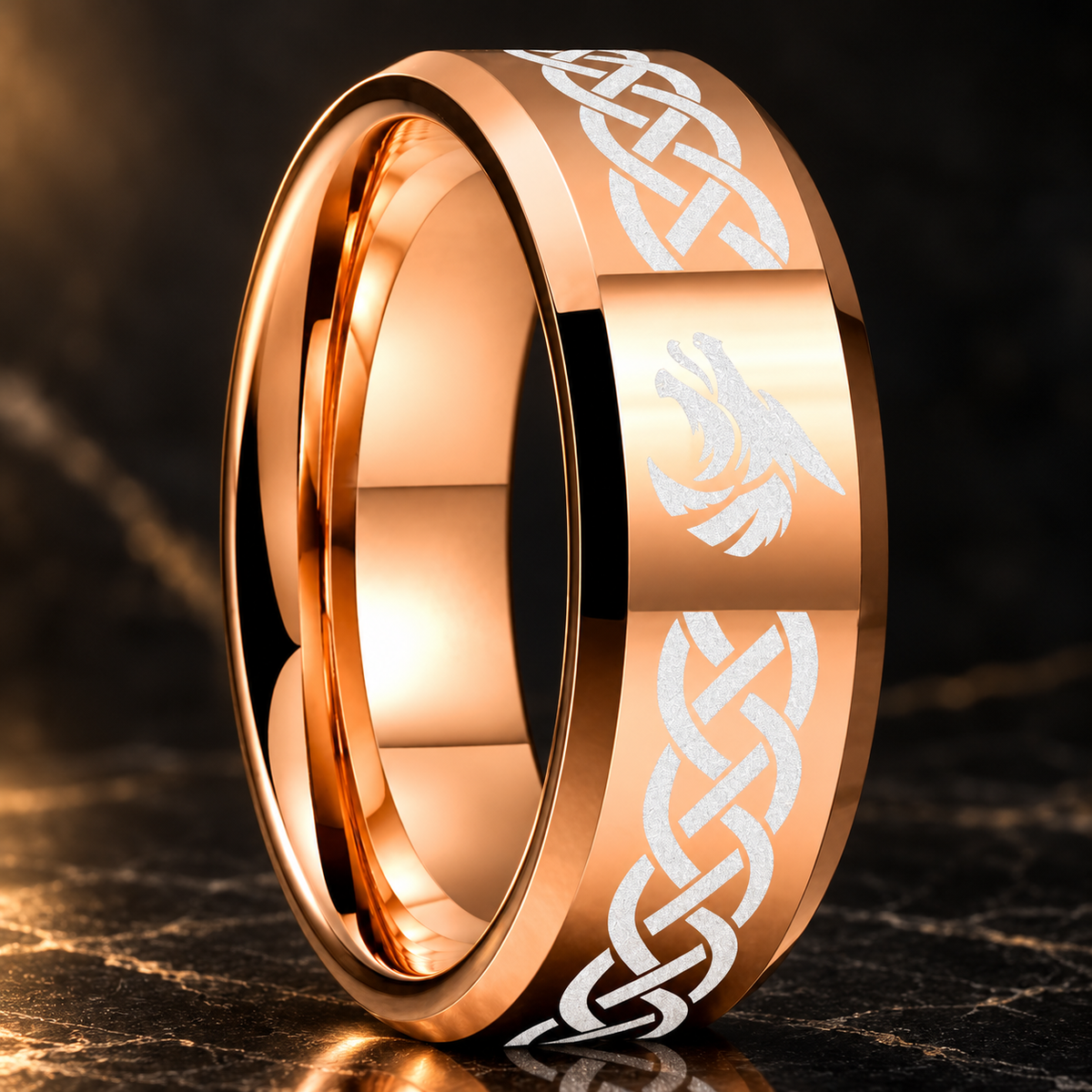 Celtic Knot Tungsten Ring with Wolf Head Laser Engraving