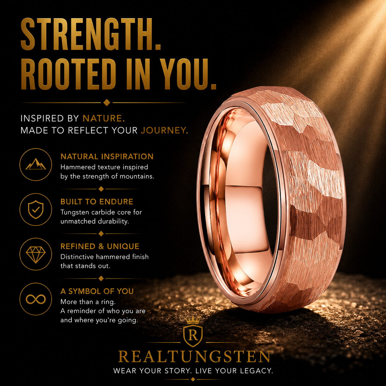 Rose Gold Hammered Tungsten Ring