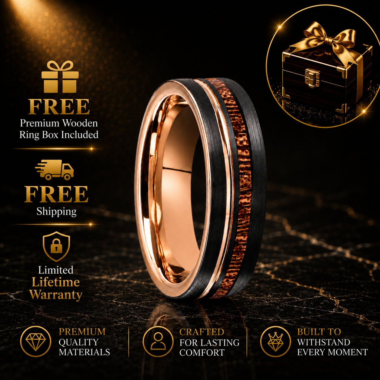 Rose Gold & Black Tungsten Ring with Wood Inlay