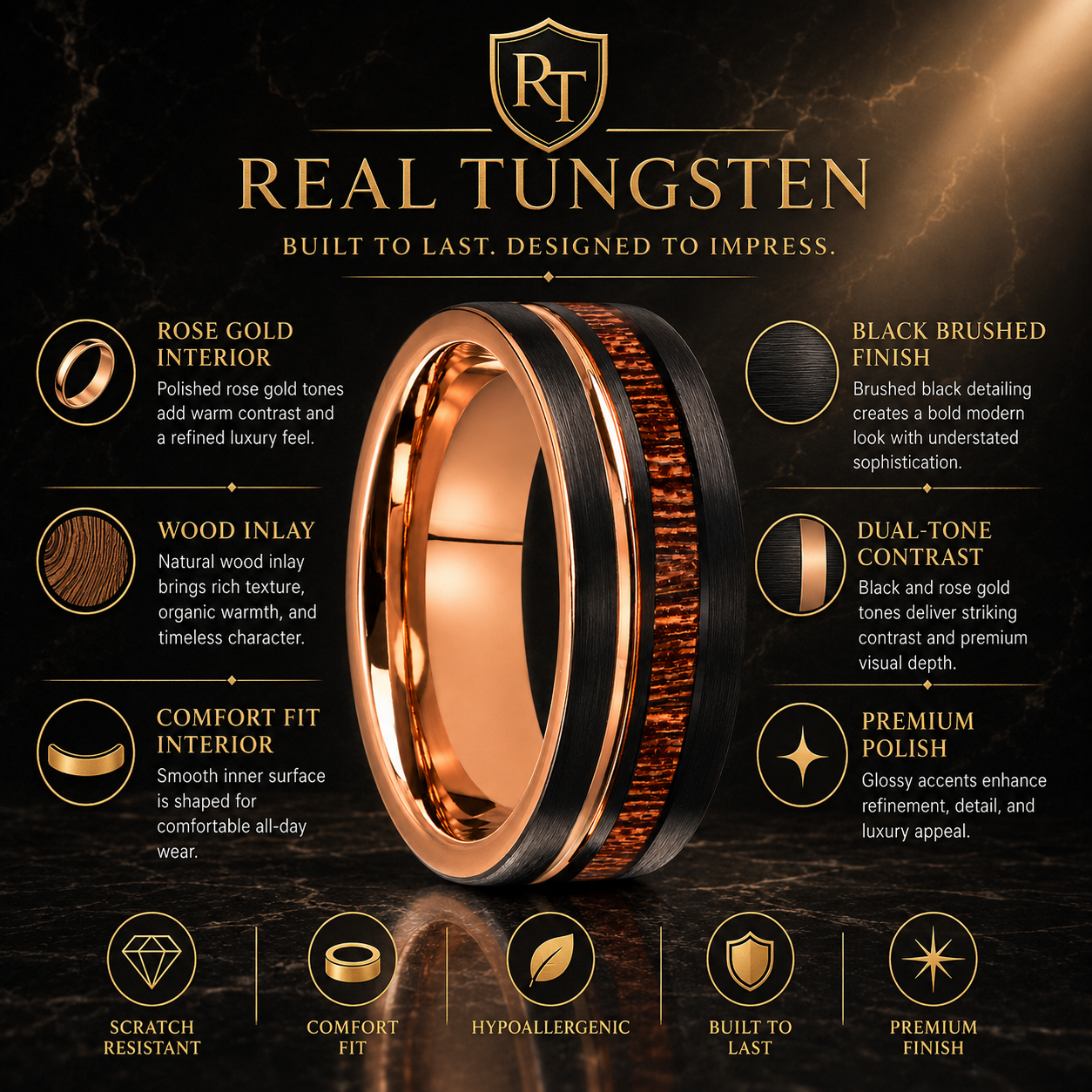 Rose Gold & Black Tungsten Ring with Wood Inlay