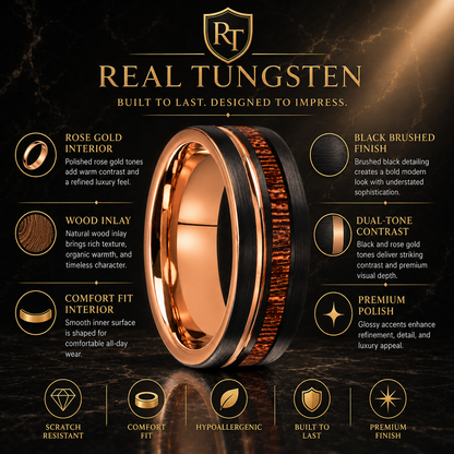 Rose Gold & Black Tungsten Ring with Wood Inlay