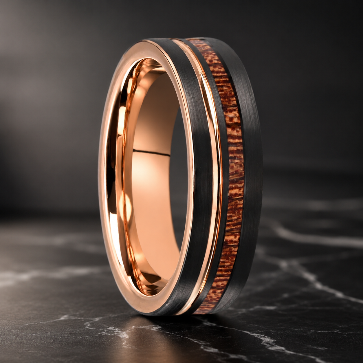 Rose Gold & Black Tungsten Ring with Wood Inlay