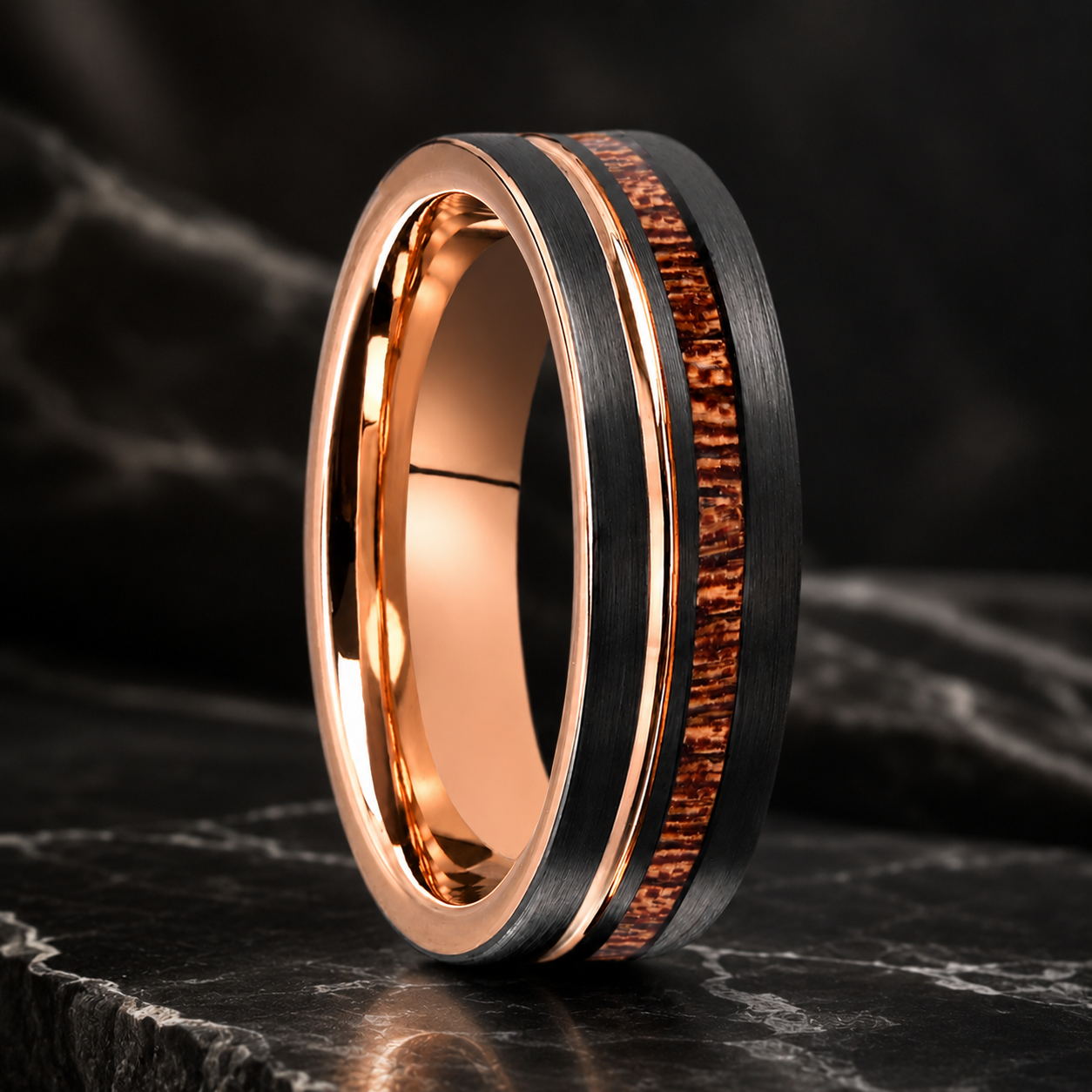 Rose Gold & Black Tungsten Ring with Wood Inlay