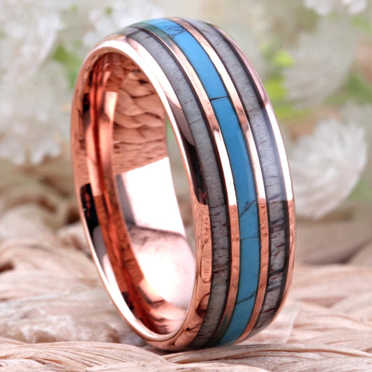 Rose Gold Tungsten Antler Turquoise Inlay Wedding Ring