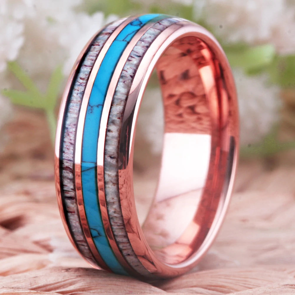 Rose Gold Tungsten Antler Turquoise Inlay Wedding Ring