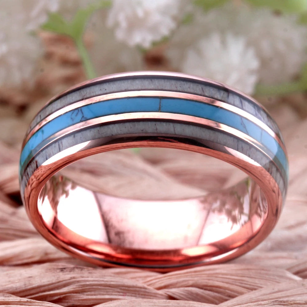 Rose Gold Tungsten Antler Turquoise Inlay Wedding Ring