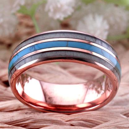 Rose Gold Tungsten Antler Turquoise Inlay Wedding Ring