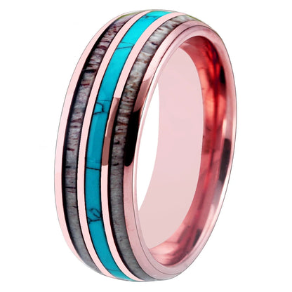 Rose Gold Tungsten Antler Turquoise Inlay Wedding Ring