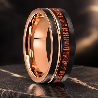 Rose Gold & Black Tungsten Ring with Wood Inlay