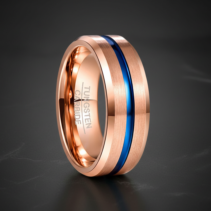 Rose Gold & blue Tungsten Carbide Ring
