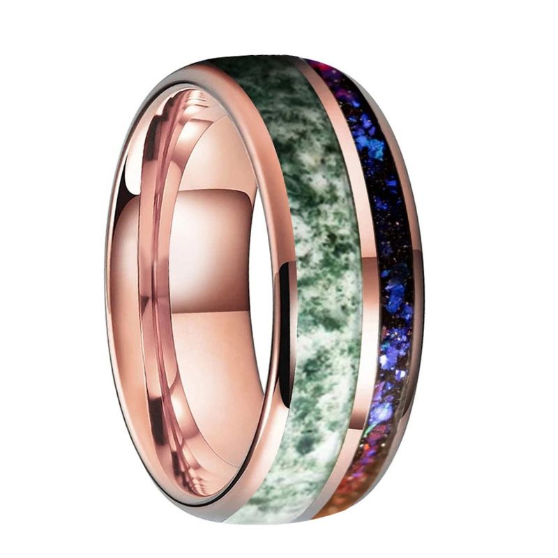Rose gold Tungsten ring with green and blue inlay