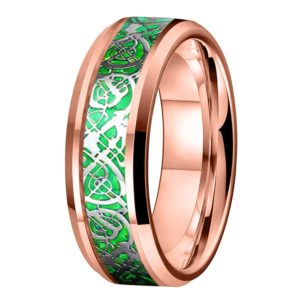Rose tungsten ring with green Celtic dragon design