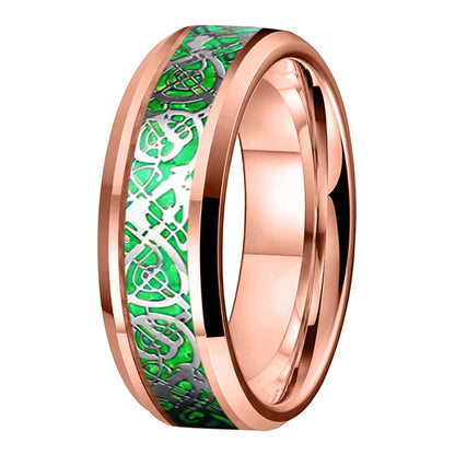 Rose tungsten ring with green Celtic dragon design