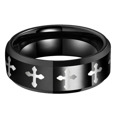 Laser-Engraved Cross Matte Tungsten Ring