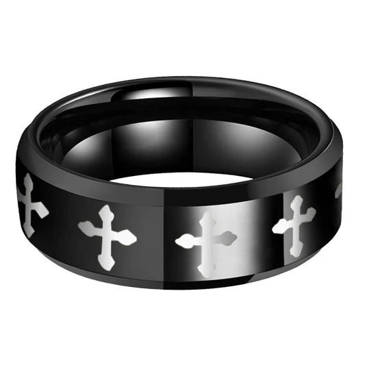 Laser-Engraved Cross Matte Tungsten Ring