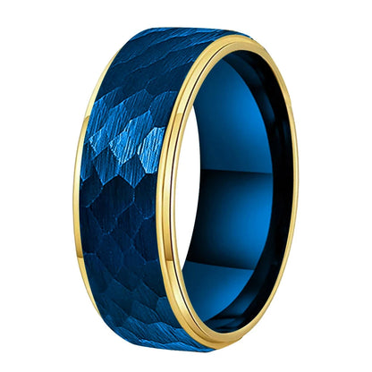 8mm Two Tone Hammered Tungsten Ring with Stepped Finish