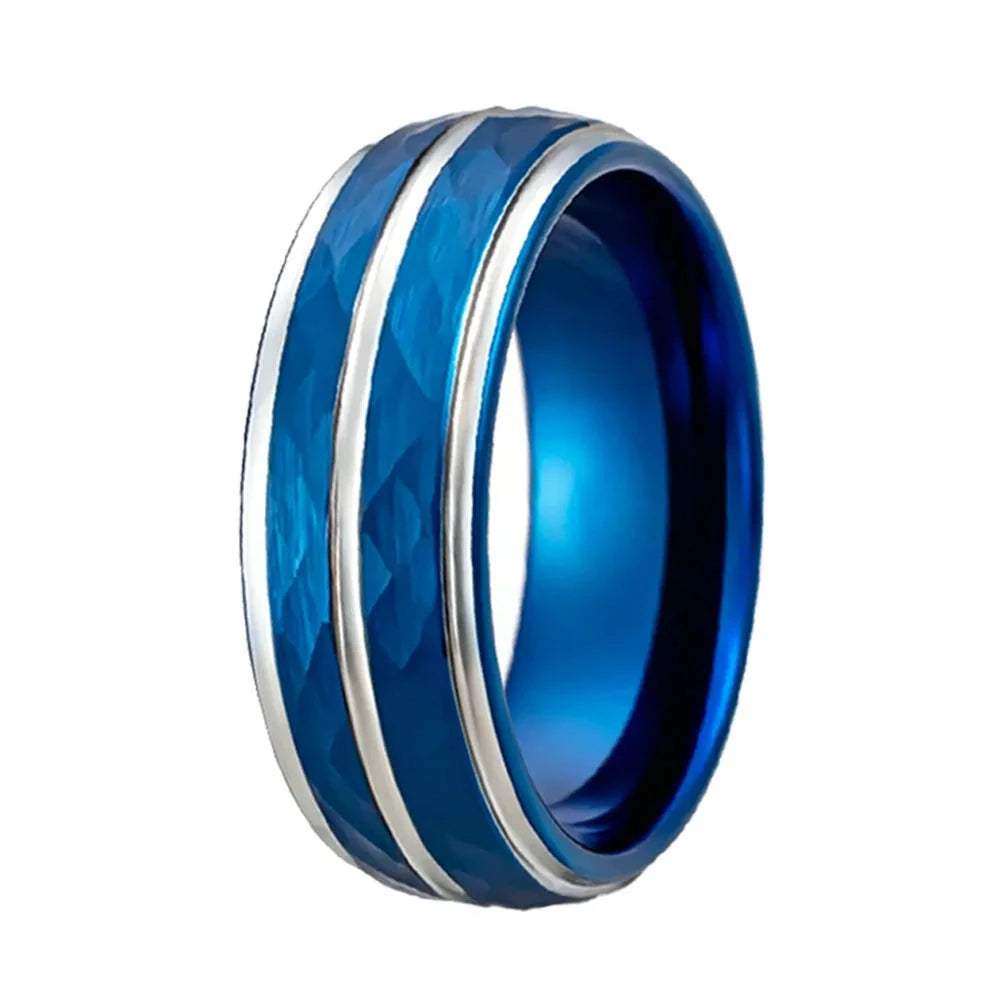 8mm blue hammered tungsten carbide ring
