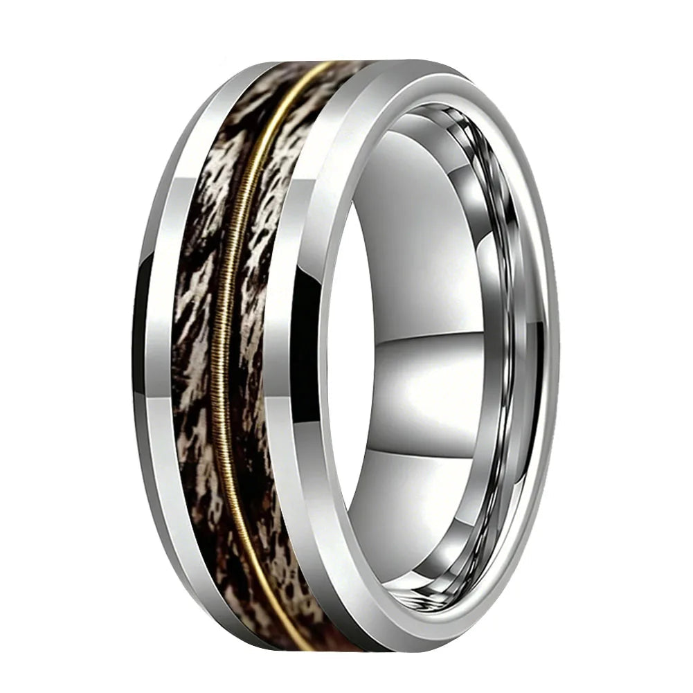Tungsten Ring With Gray Oak Wood and Guitar String Inlay