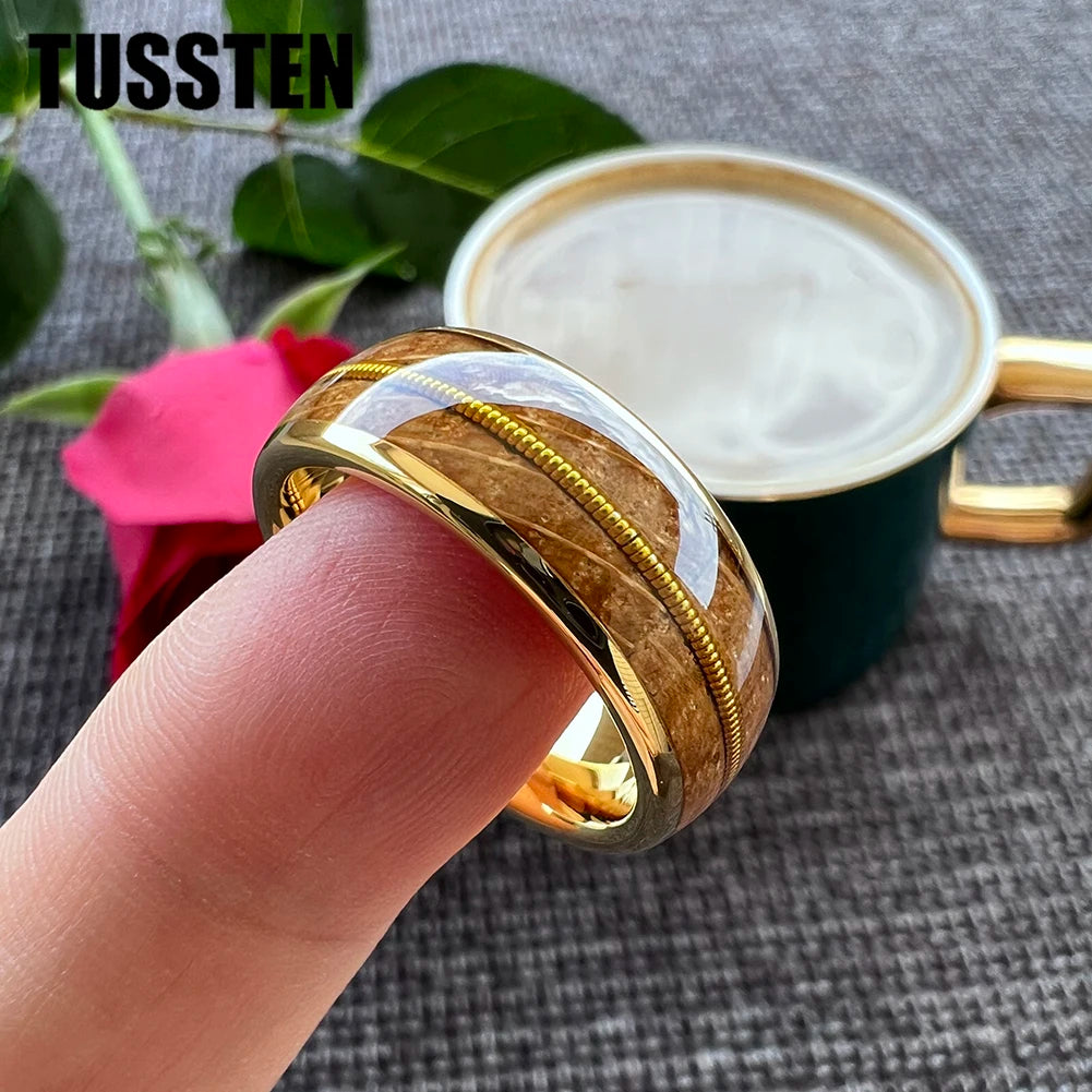 TUSSTEN 8mm Men Women Tungsten Carbide Ring Whisky Barrel Oak Wood Guitar String Inlay Bride Bridegroom Trendy Wedd