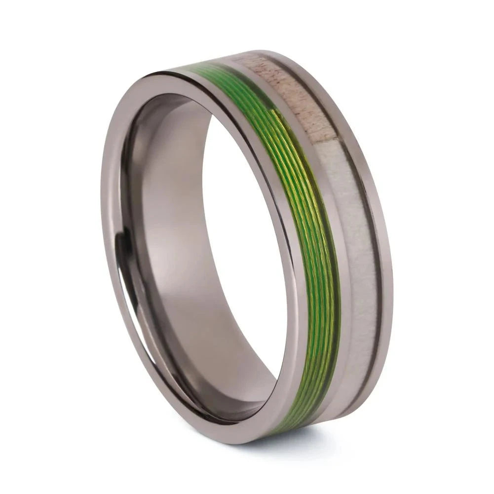 Tungsten Ring with Green Fishing Line &amp; Deer Antler Inlay