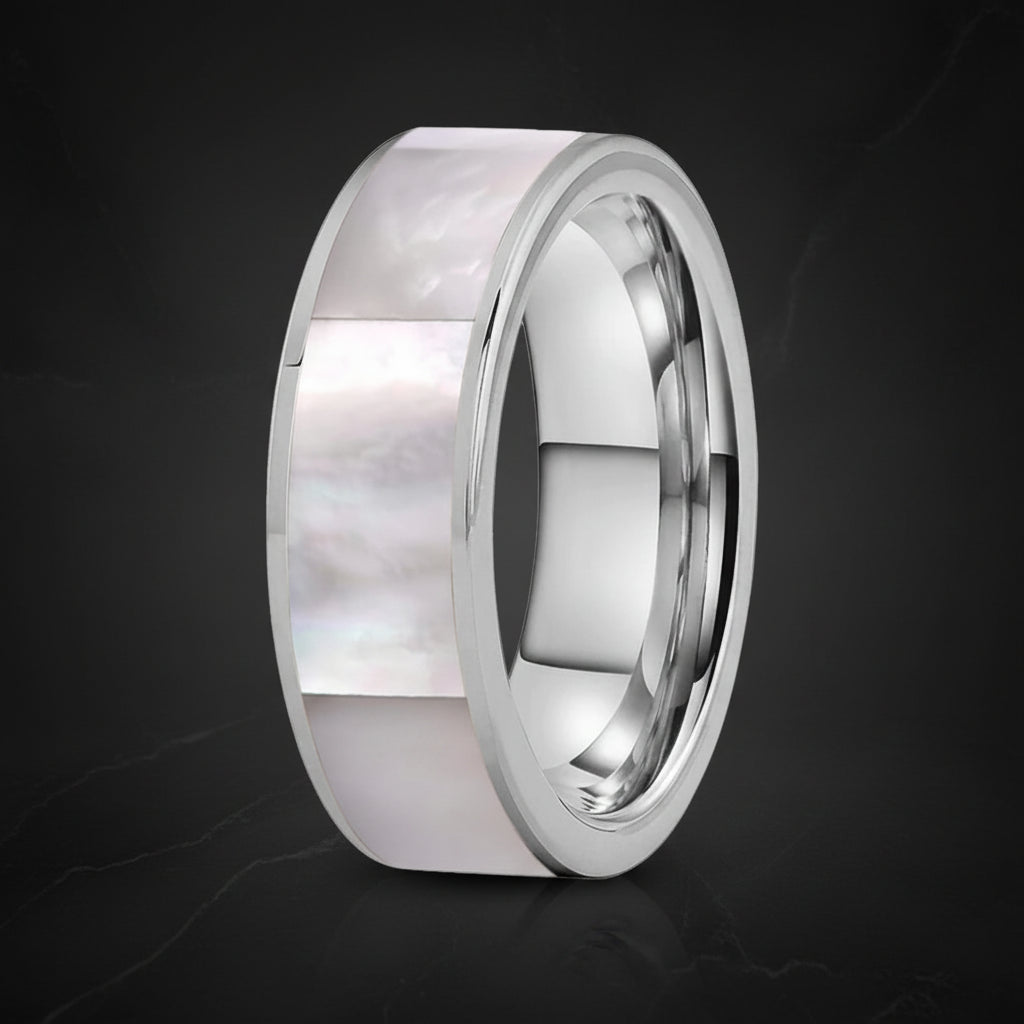 8mm Black Tungsten Ring with White Mother of Pearl Inlay