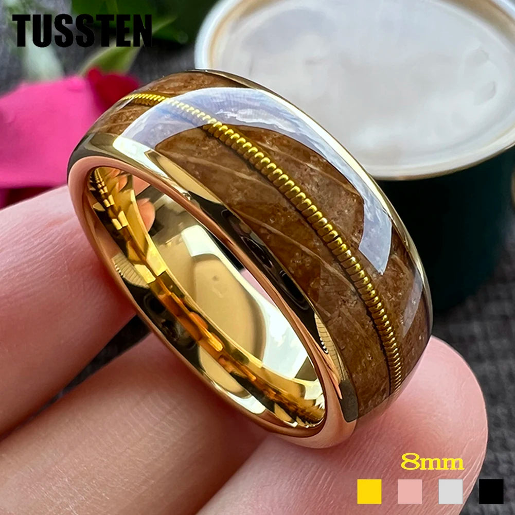 TUSSTEN 8mm Men Women Tungsten Carbide Ring Whisky Barrel Oak Wood Guitar String Inlay Bride Bridegroom Trendy Wedd