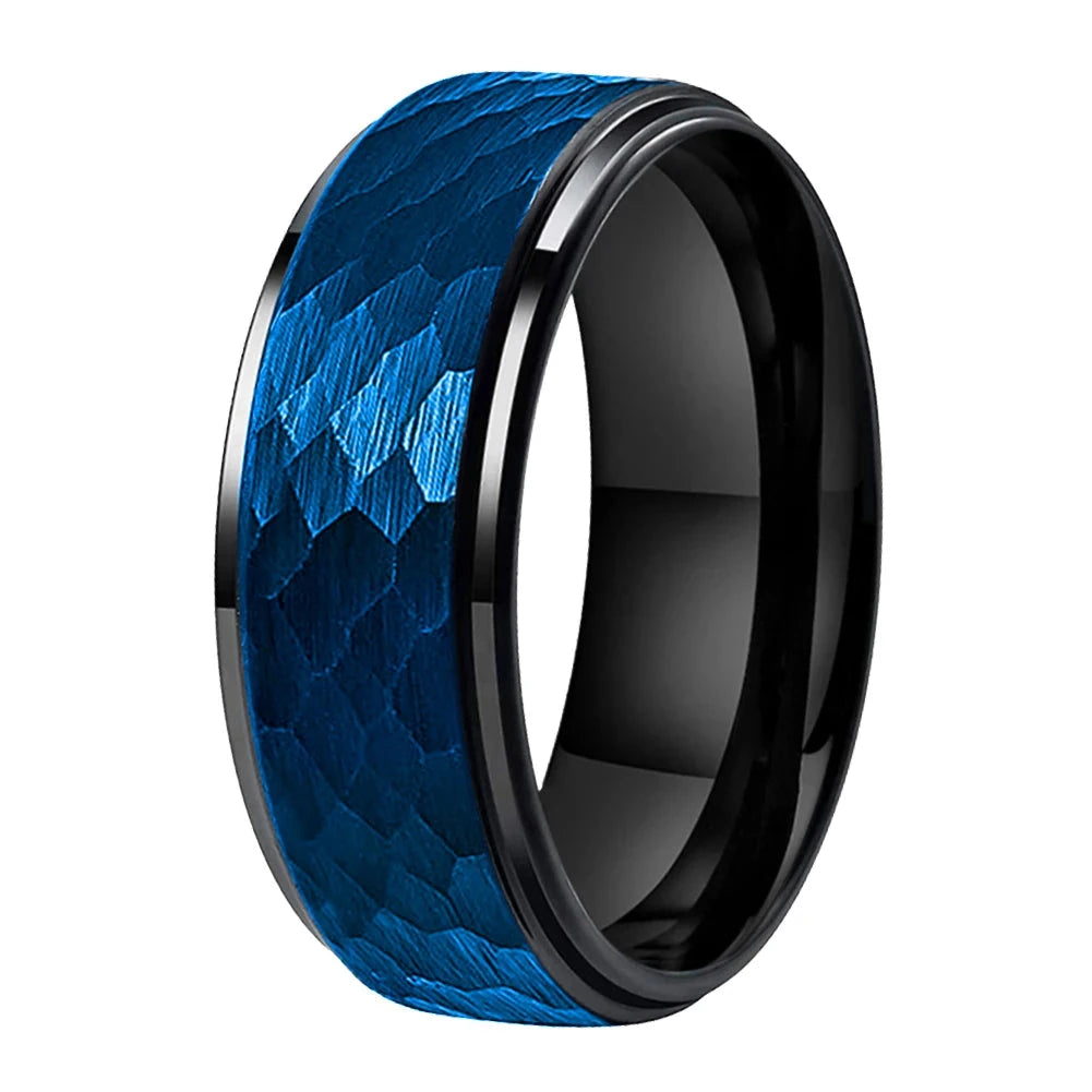 8mm Two Tone Hammered Tungsten Ring with Stepped Finish