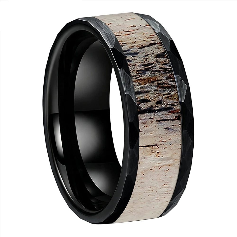 hammered-brushed-tungsten-ring-with-antler-inlay