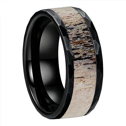 hammered-brushed-tungsten-ring-with-antler-inlay