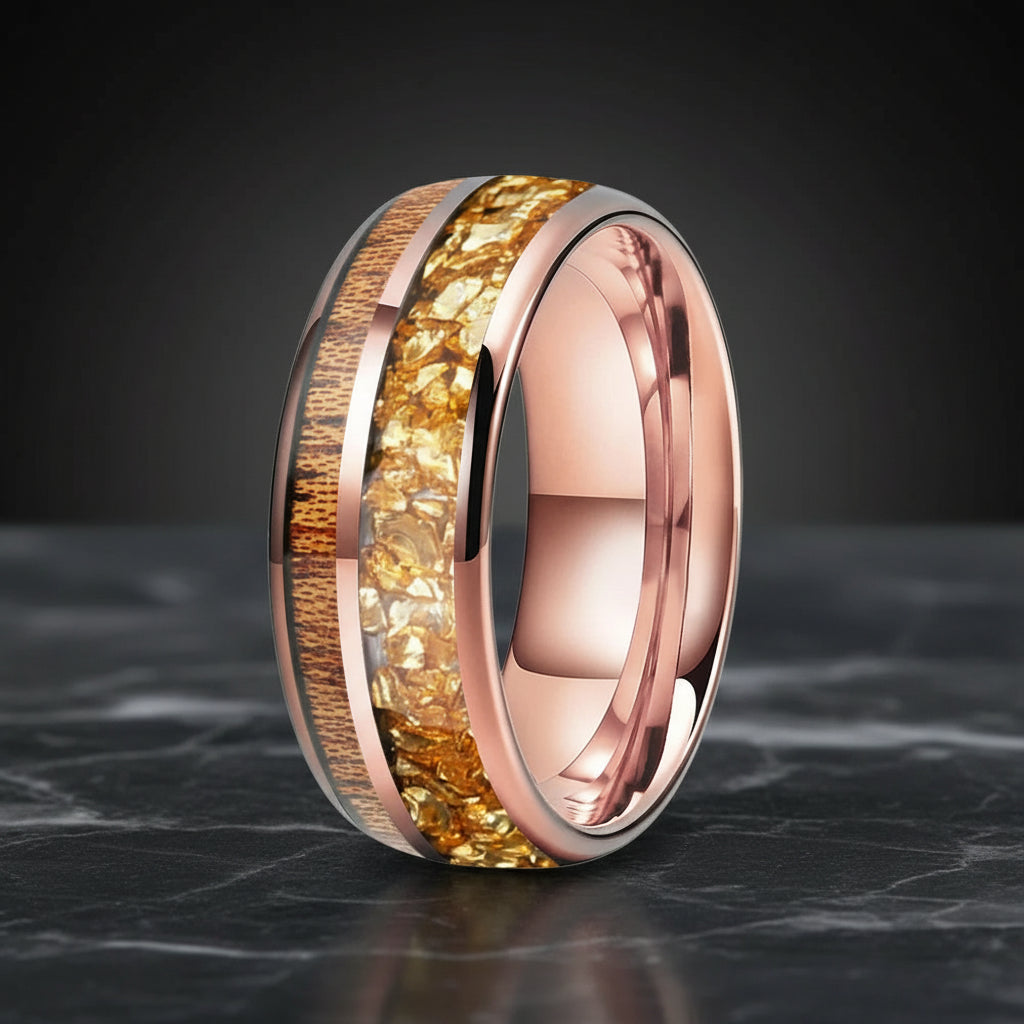 8MM Double Groove Tungsten Wedding Band with Golden Crystal & Red Wood