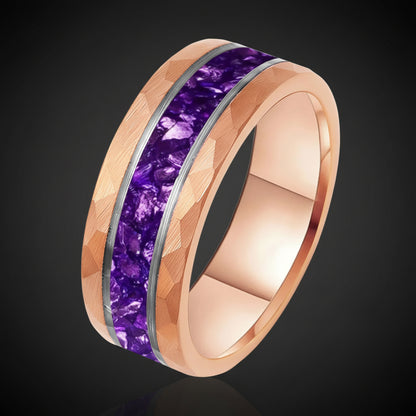 8MM Hammered Tungsten Ring with Purple Crystal Inlay
