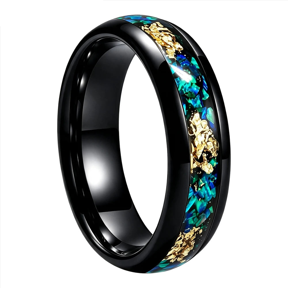 Tungsten Ring with Blue Opal and Gold Foil Inlay